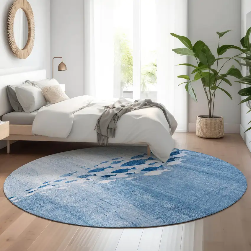 8' Blue And Ivory Nautical Washable Round Rug With UV Protection Photo 6