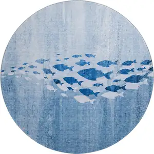 Photo of 8' Blue And Ivory Nautical Washable Round Rug With UV Protection