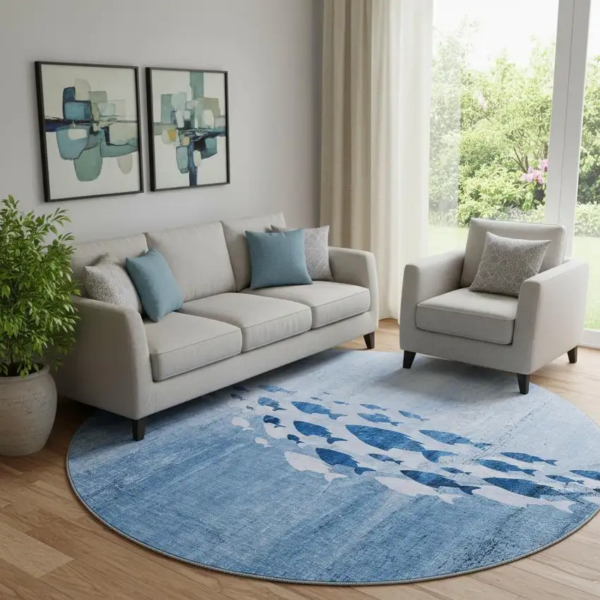 8' Blue And Ivory Nautical Washable Round Rug With UV Protection Photo 1