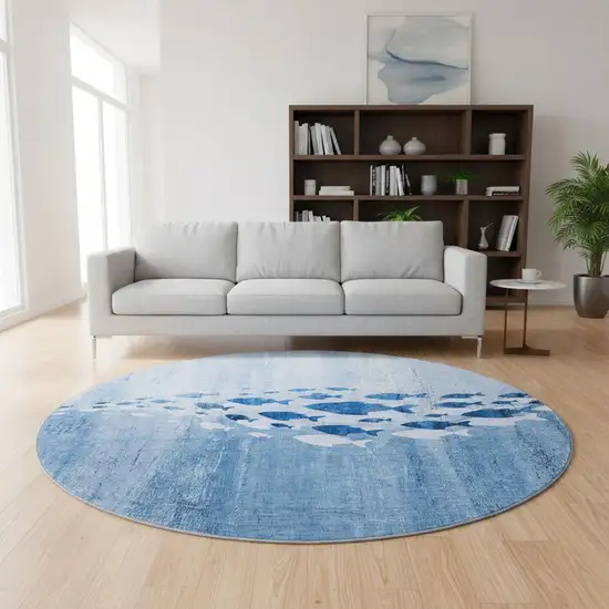 8' Blue And Ivory Nautical Washable Round Rug With UV Protection Photo 2