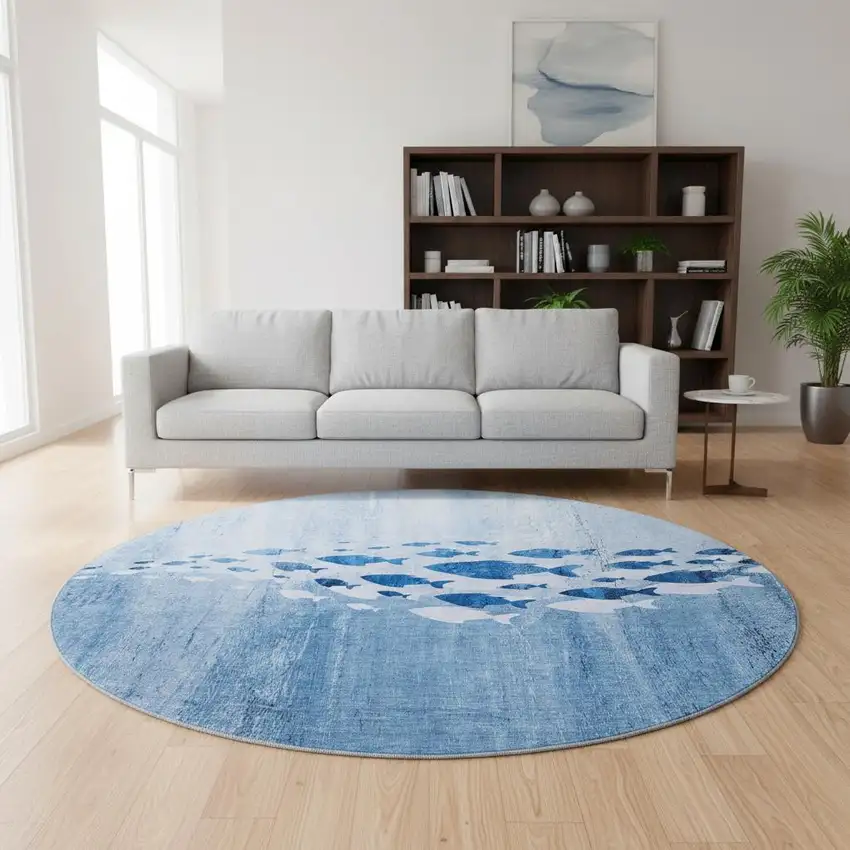 8' Blue And Ivory Nautical Washable Round Rug With UV Protection Photo 2