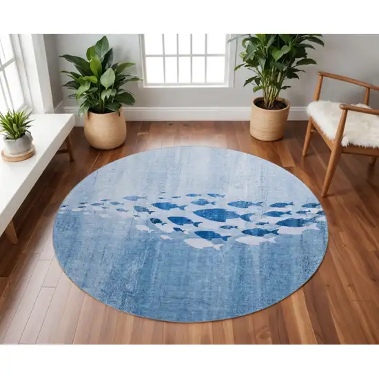 8' Blue And Ivory Nautical Washable Round Rug With UV Protection Photo 3