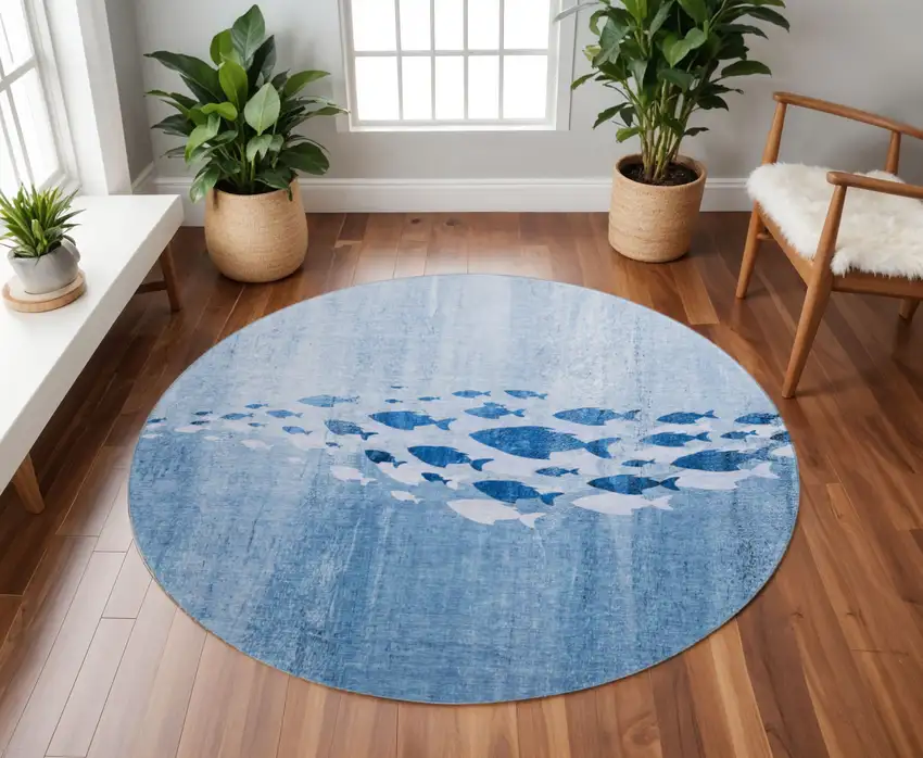 8' Blue And Ivory Nautical Washable Round Rug With UV Protection Photo 3