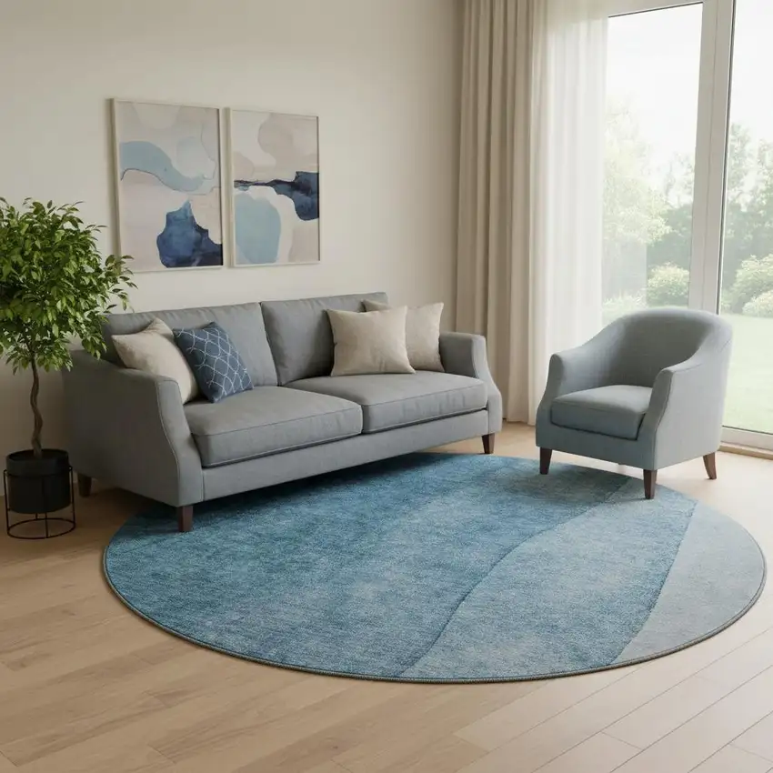 8' Blue And Ivory Ombre Washable Round Rug With UV Protection Photo 1