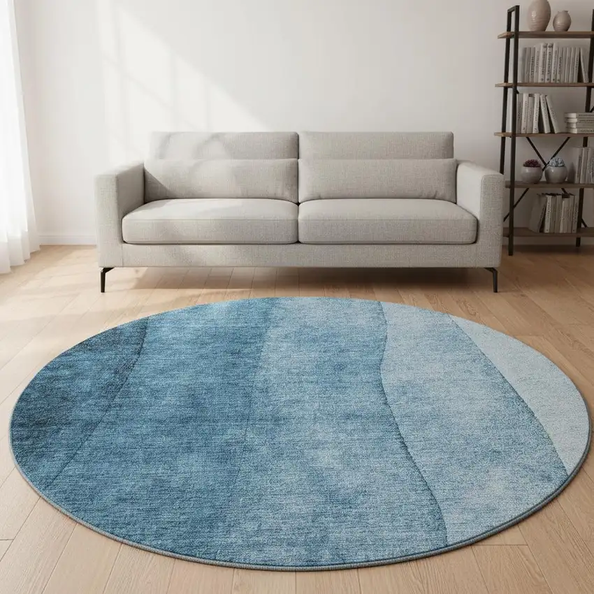 8' Blue And Ivory Ombre Washable Round Rug With UV Protection Photo 2