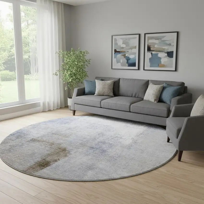 8' Blue And Ivory Ombre Washable Round Rug With UV Protection Photo 1