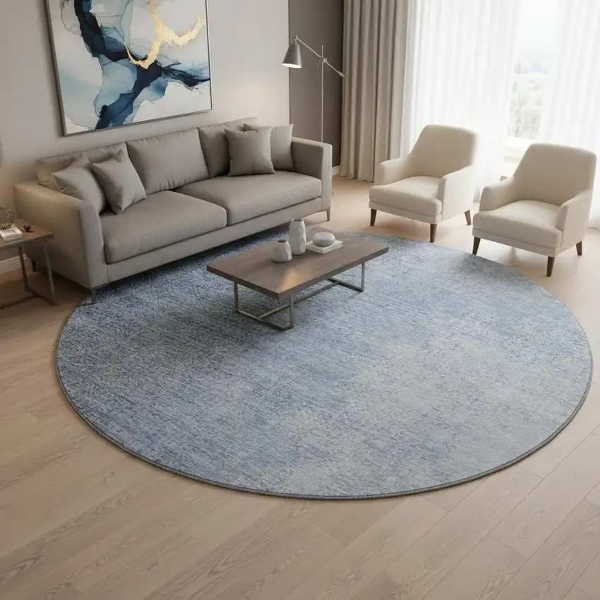 8' Blue And Ivory Ombre Washable Round Rug With UV Protection Photo 2