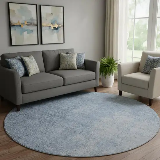 8' Blue And Ivory Ombre Washable Round Rug With UV Protection Photo 1