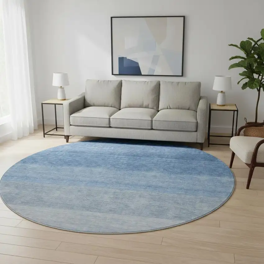 8' Blue And Ivory Ombre Washable Round Rug With UV Protection Photo 2