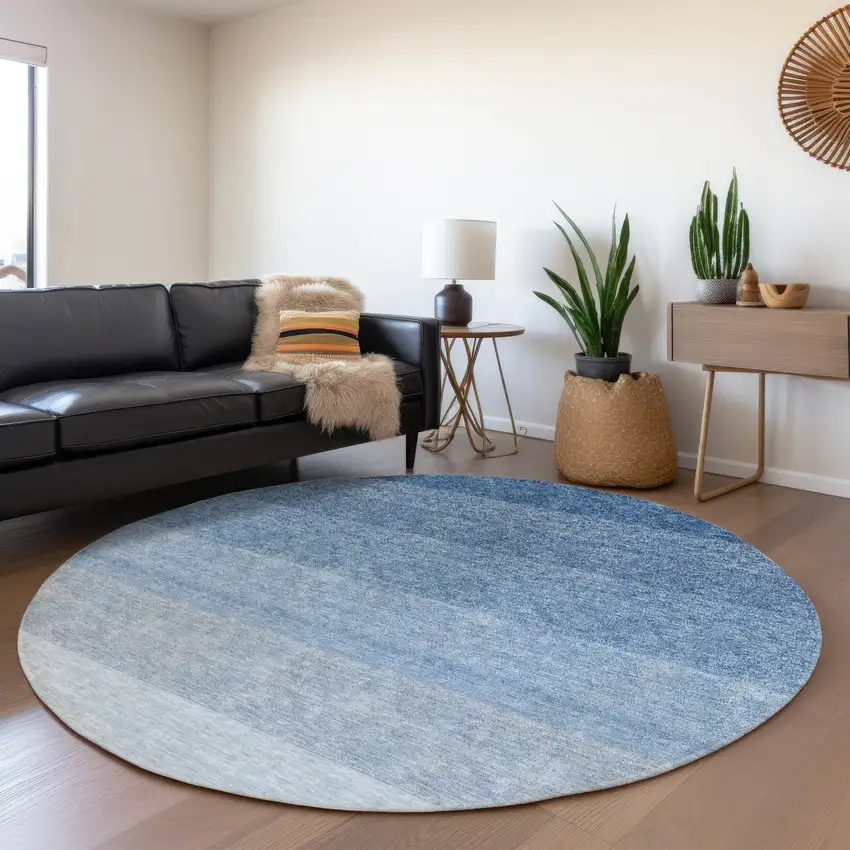 8' Blue And Ivory Ombre Washable Round Rug With UV Protection Photo 4