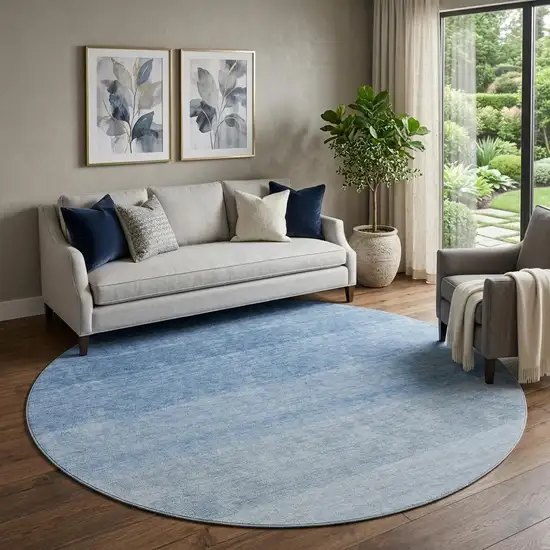 8' Blue And Ivory Ombre Washable Round Rug With UV Protection Photo 1