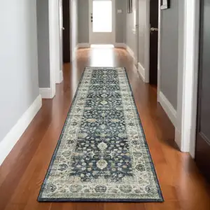 Photo of 8' Blue And Ivory Oriental Distressed Runner Rug