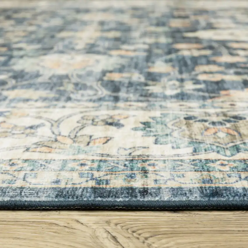 8' Blue And Ivory Oriental Distressed Runner Rug Photo 7