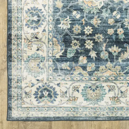 8' Blue And Ivory Oriental Distressed Runner Rug Photo 6