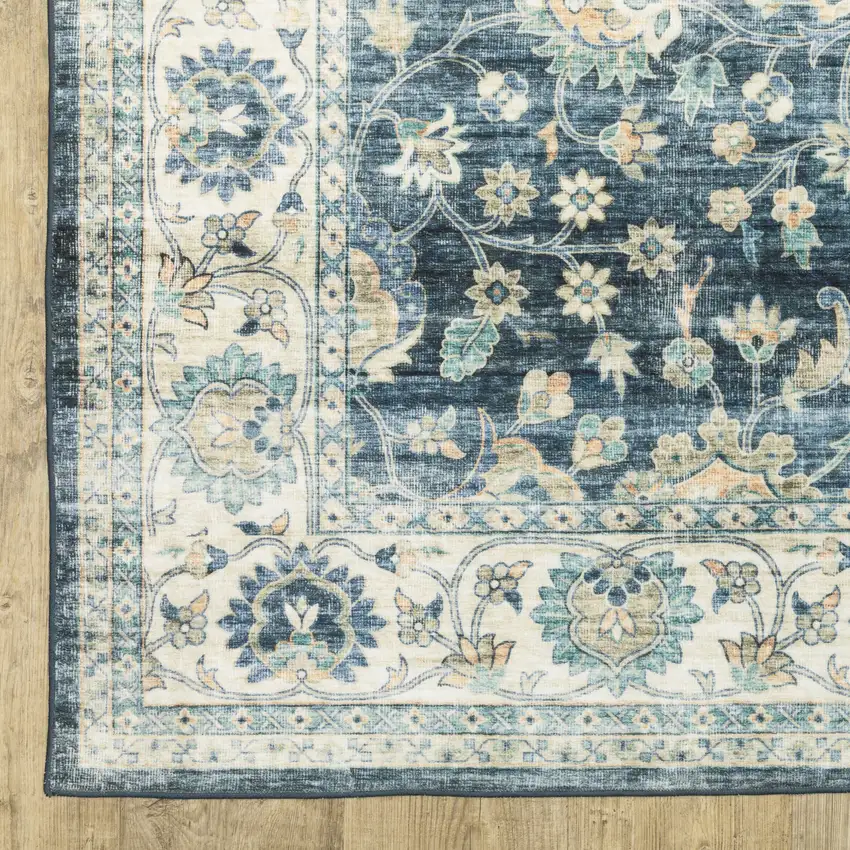 8' Blue And Ivory Oriental Distressed Runner Rug Photo 6