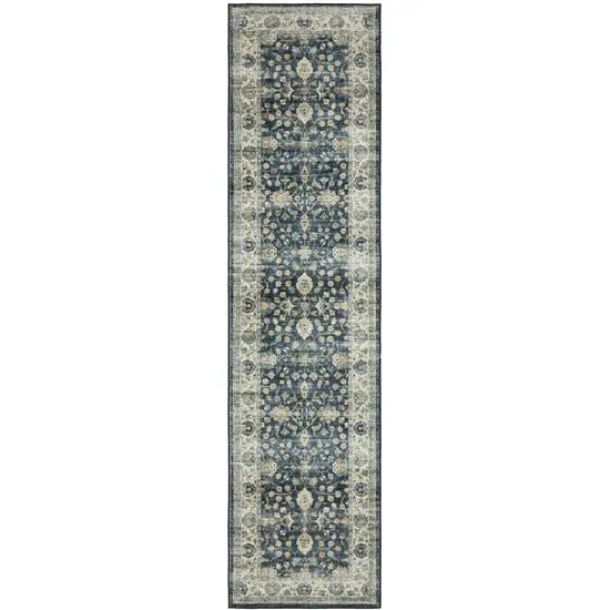 8' Blue And Ivory Oriental Distressed Runner Rug Photo 3