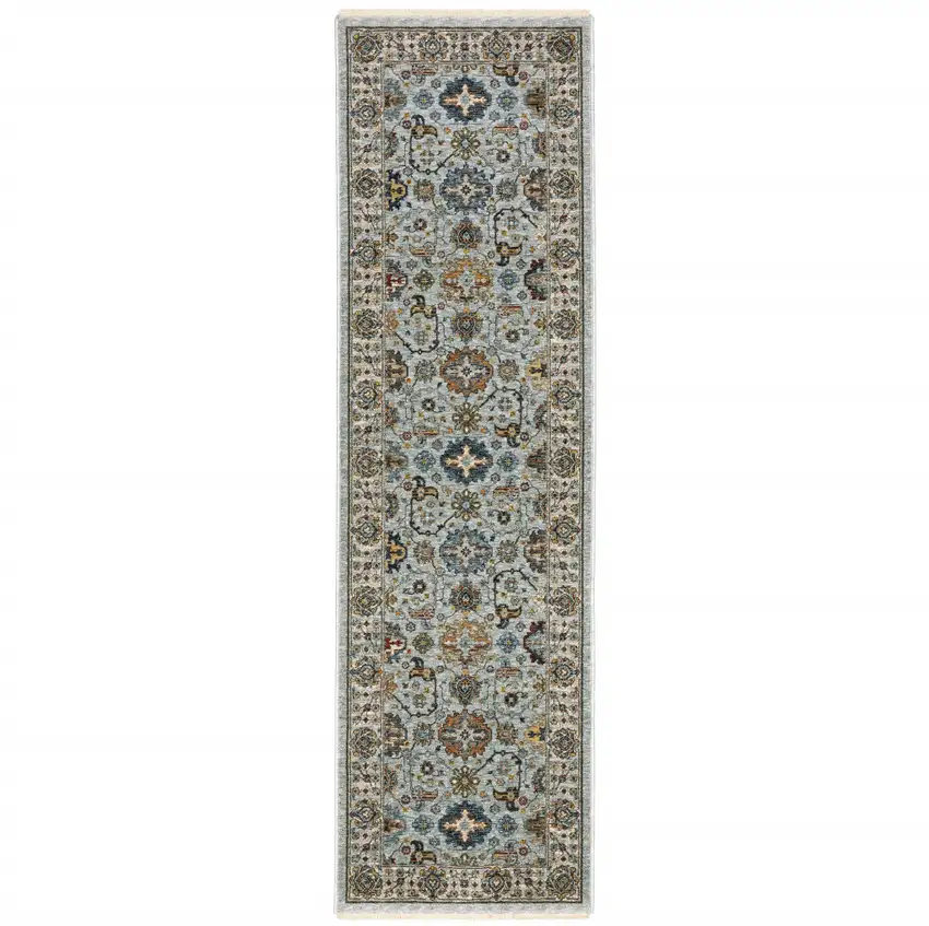 8' Blue And Ivory Oriental Power Loom Runner Rug With Fringe Photo 6