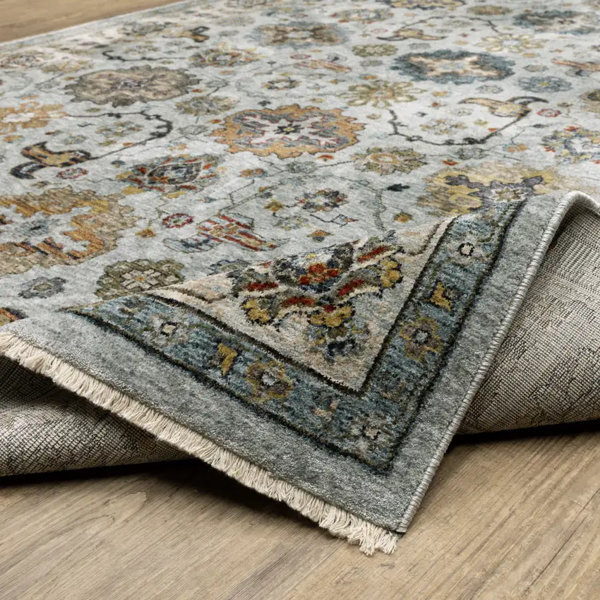 8' Blue And Ivory Oriental Power Loom Runner Rug With Fringe Photo 9