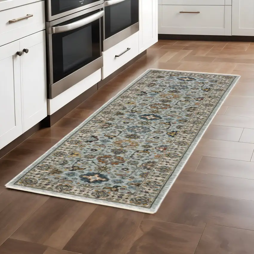 8' Blue And Ivory Oriental Power Loom Runner Rug With Fringe Photo 1