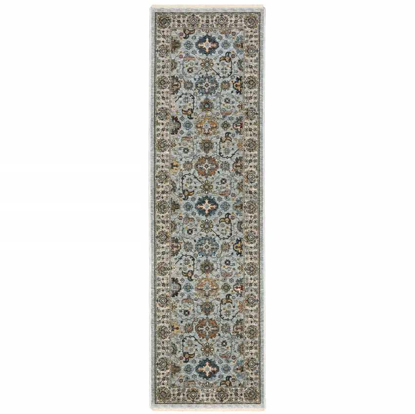 8' Blue And Ivory Oriental Power Loom Runner Rug With Fringe Photo 1