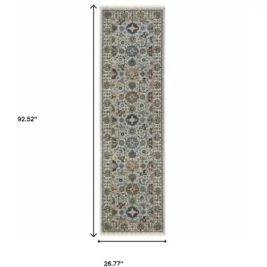 8' Blue And Ivory Oriental Power Loom Runner Rug With Fringe Photo 3