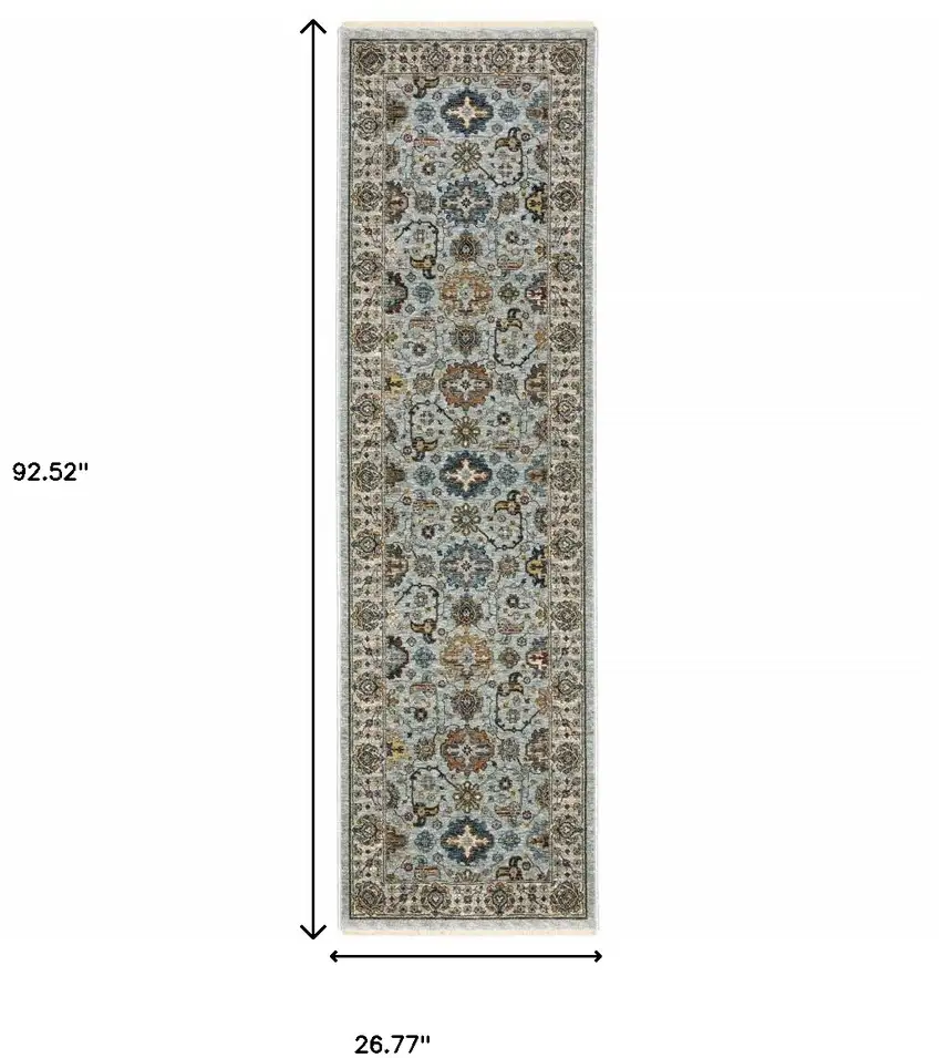 8' Blue And Ivory Oriental Power Loom Runner Rug With Fringe Photo 3