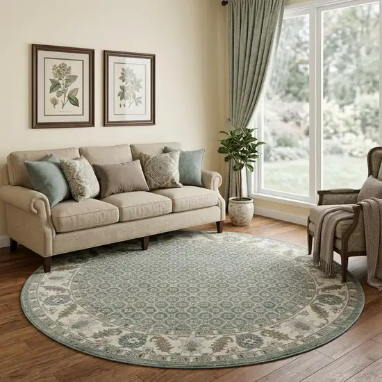 8' Blue And Ivory Oriental Round Rug Photo 1