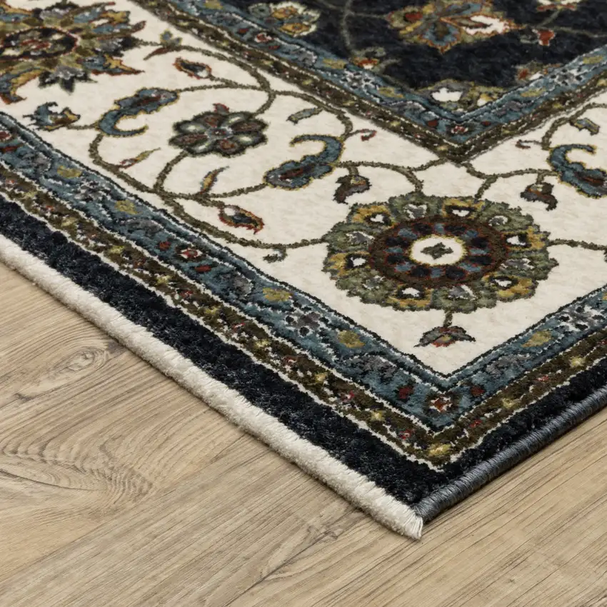 8' Blue And Ivory Oriental Runner Rug With Fringe Photo 9