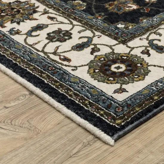 8' Blue And Ivory Oriental Runner Rug With Fringe Photo 9