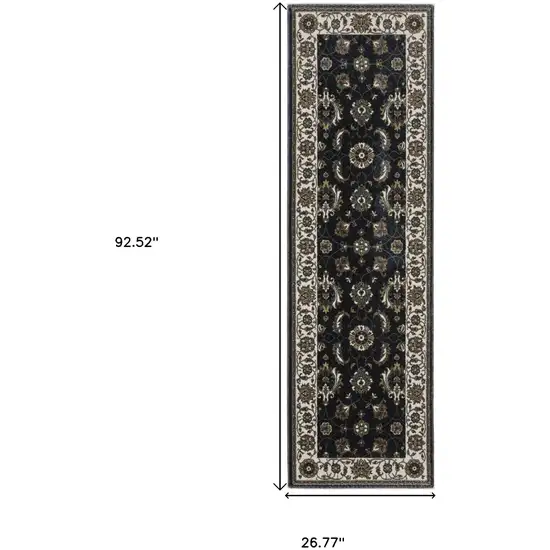 8' Blue And Ivory Oriental Runner Rug With Fringe Photo 3