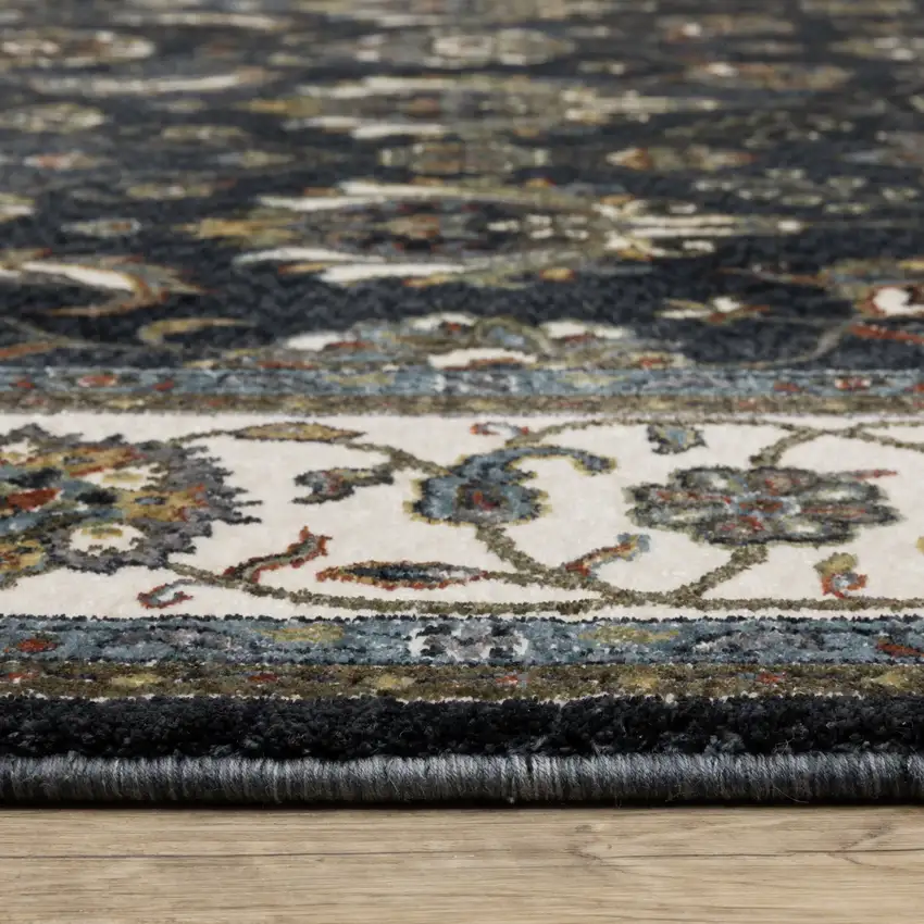 8' Blue And Ivory Oriental Runner Rug With Fringe Photo 4