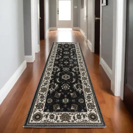 8' Blue And Ivory Oriental Runner Rug With Fringe Photo 1