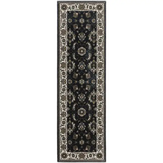 8' Blue And Ivory Oriental Runner Rug With Fringe Photo 2