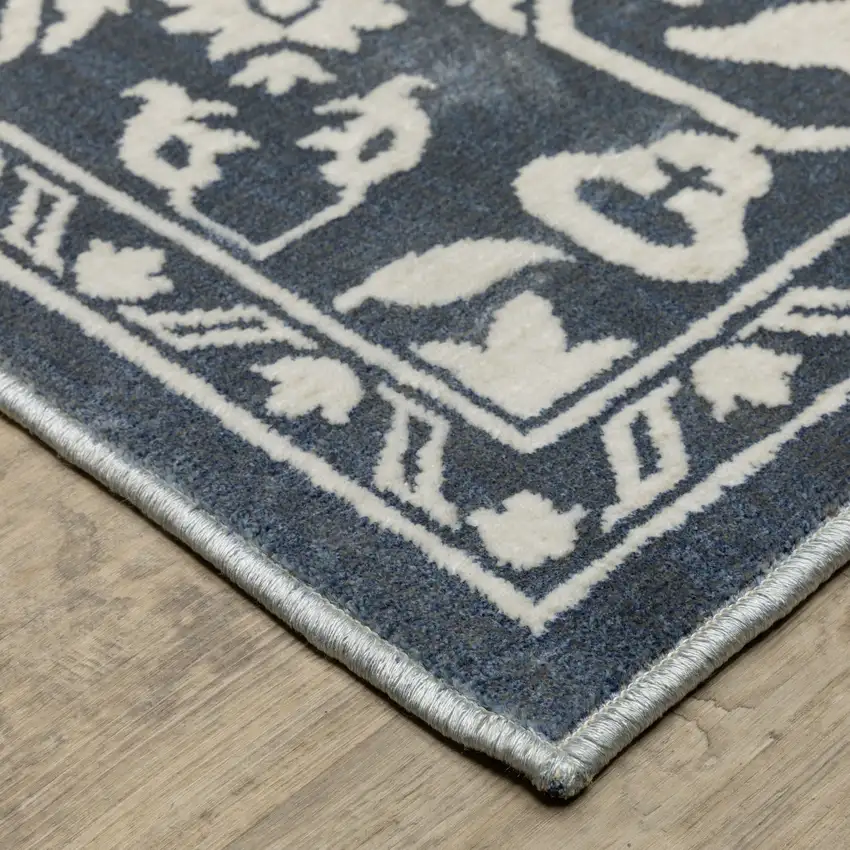 8' Blue And Ivory Oriental Runner Rug Photo 9