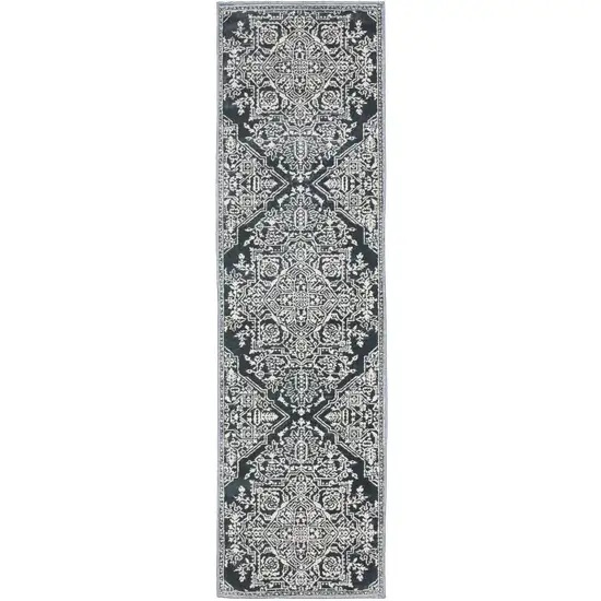 8' Blue And Ivory Oriental Runner Rug Photo 2