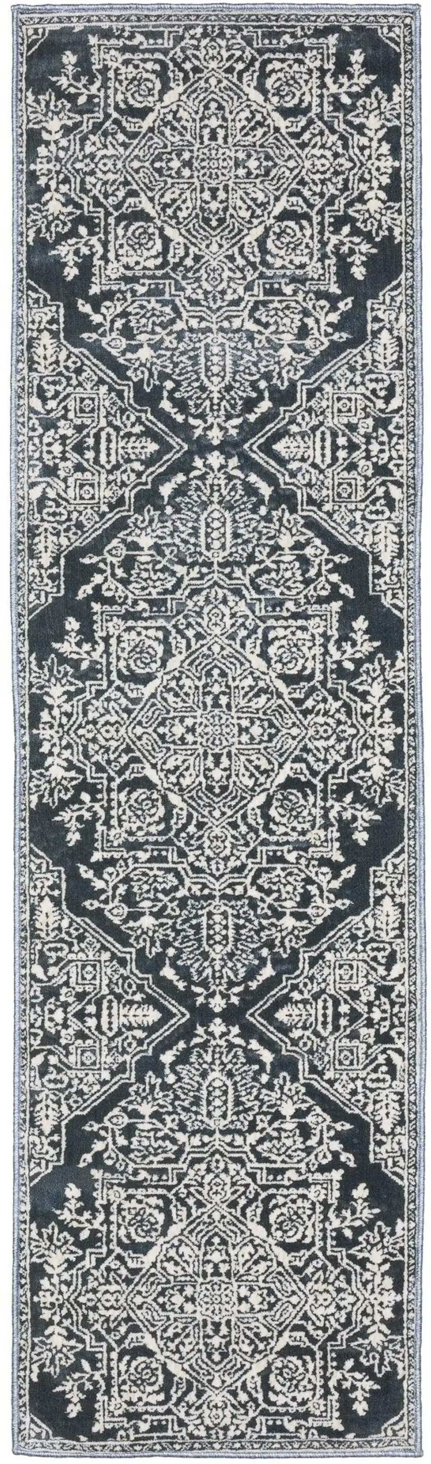 8' Blue And Ivory Oriental Runner Rug Photo 2