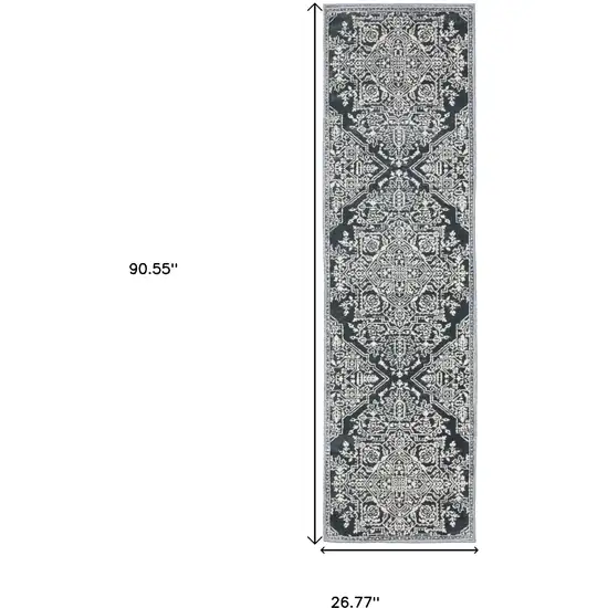 8' Blue And Ivory Oriental Runner Rug Photo 3