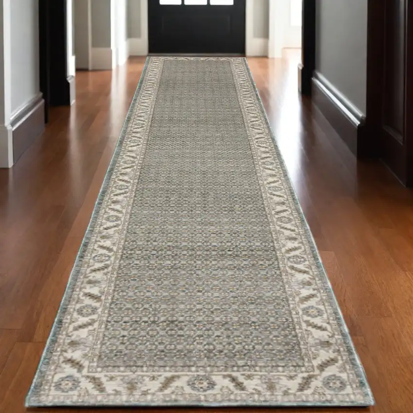 12' Blue And Ivory Oriental Runner Rug Photo 1