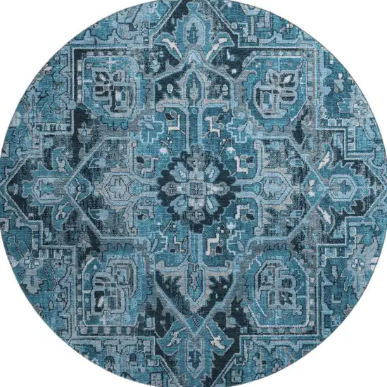 8' Blue And Ivory Oriental Washable Round Rug With UV Protection Photo 3