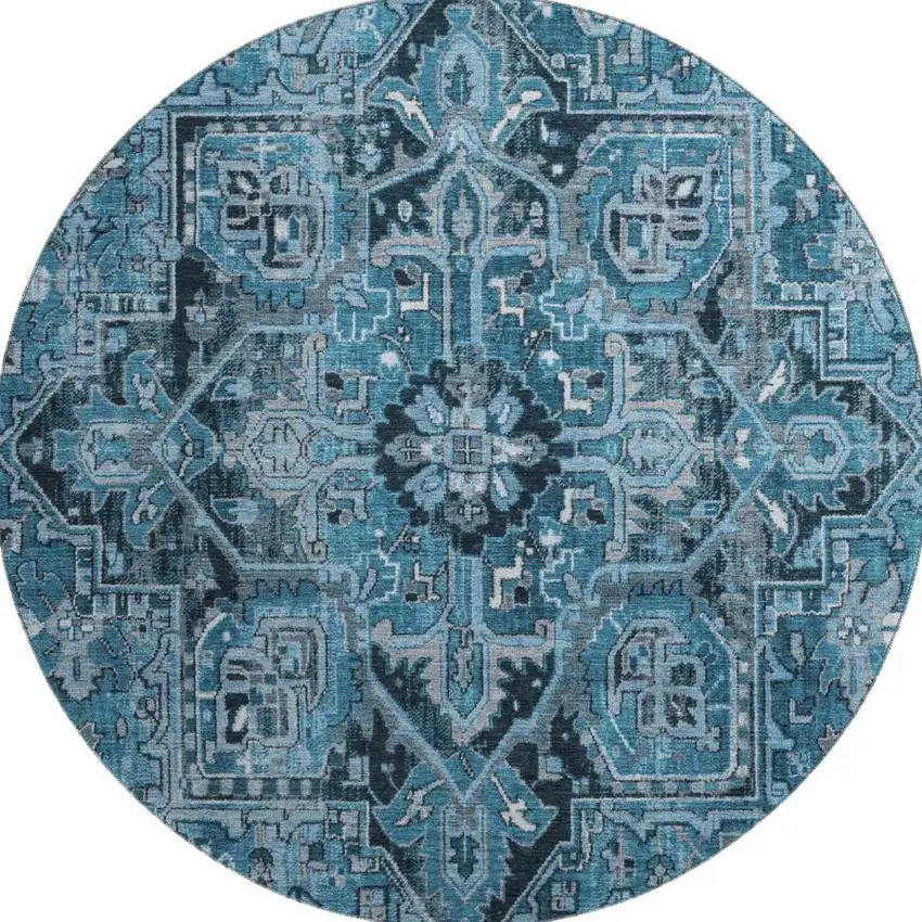 8' Blue And Ivory Oriental Washable Round Rug With UV Protection Photo 3