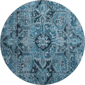 Photo of 8' Blue And Ivory Oriental Washable Round Rug With UV Protection