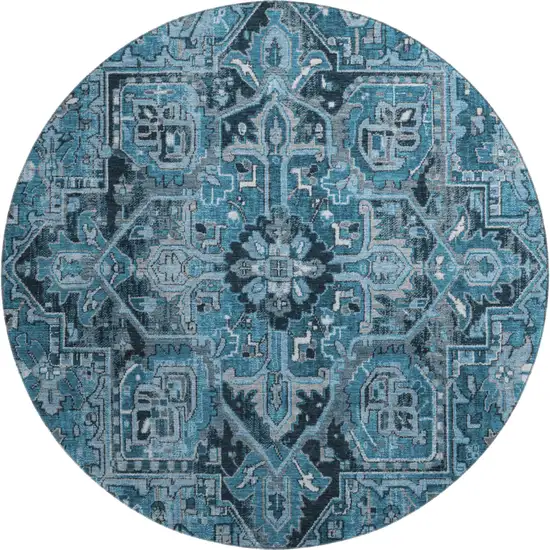 8' Blue And Ivory Oriental Washable Round Rug With UV Protection Photo 1