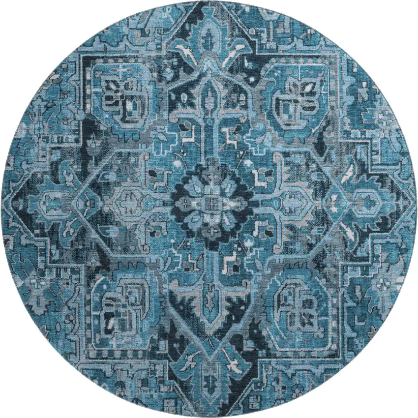 8' Blue And Ivory Oriental Washable Round Rug With UV Protection Photo 1