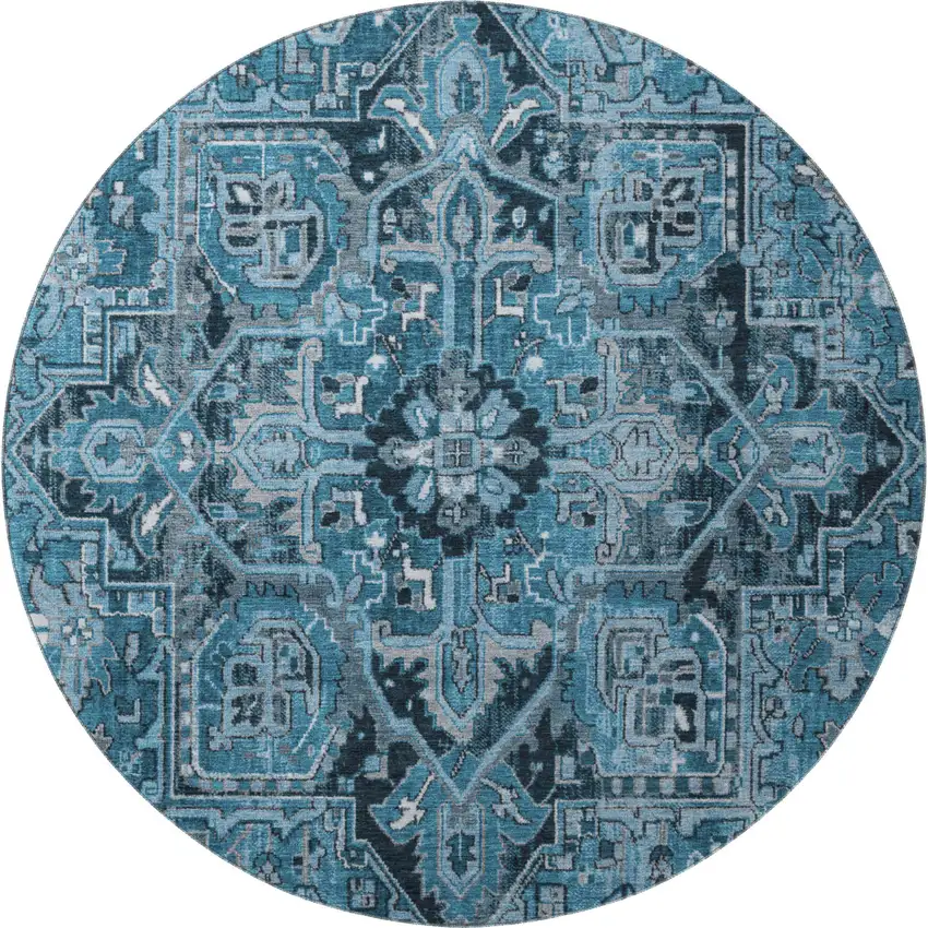 8' Blue And Ivory Oriental Washable Round Rug With UV Protection Photo 4