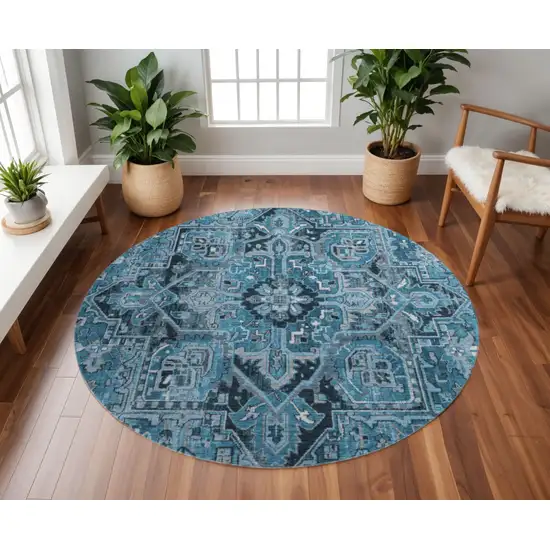 8' Blue And Ivory Oriental Washable Round Rug With UV Protection Photo 2