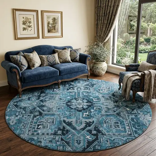 8' Blue And Ivory Oriental Washable Round Rug With UV Protection Photo 1