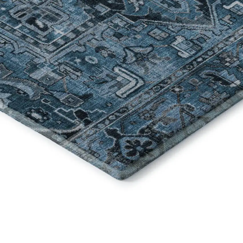 8' Blue And Ivory Oriental Washable Round Rug With UV Protection Photo 7