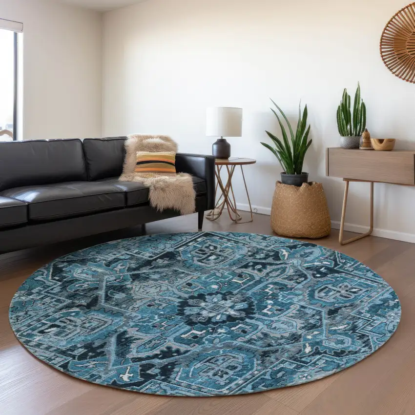 8' Blue And Ivory Oriental Washable Round Rug With UV Protection Photo 5