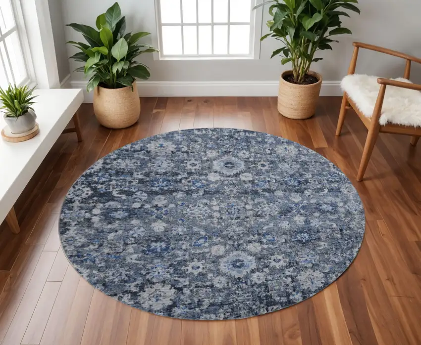 8' Blue And Ivory Oriental Washable Round Rug With UV Protection Photo 2