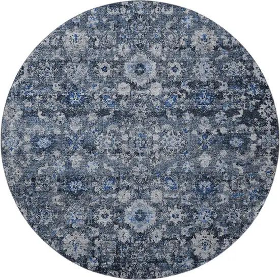 8' Blue And Ivory Oriental Washable Round Rug With UV Protection Photo 4